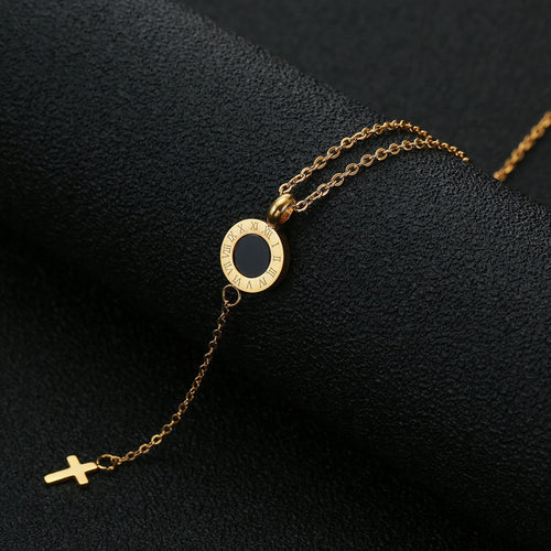 Gold Round Roman Numberal Cross Long Chains Necklace